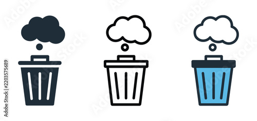 Trash Bin Icon with Cloud Symbol: Three stylized icons of trash bins, each topped with a cloud symbol, representing concepts of data deletion, cloud storage, or digital waste.