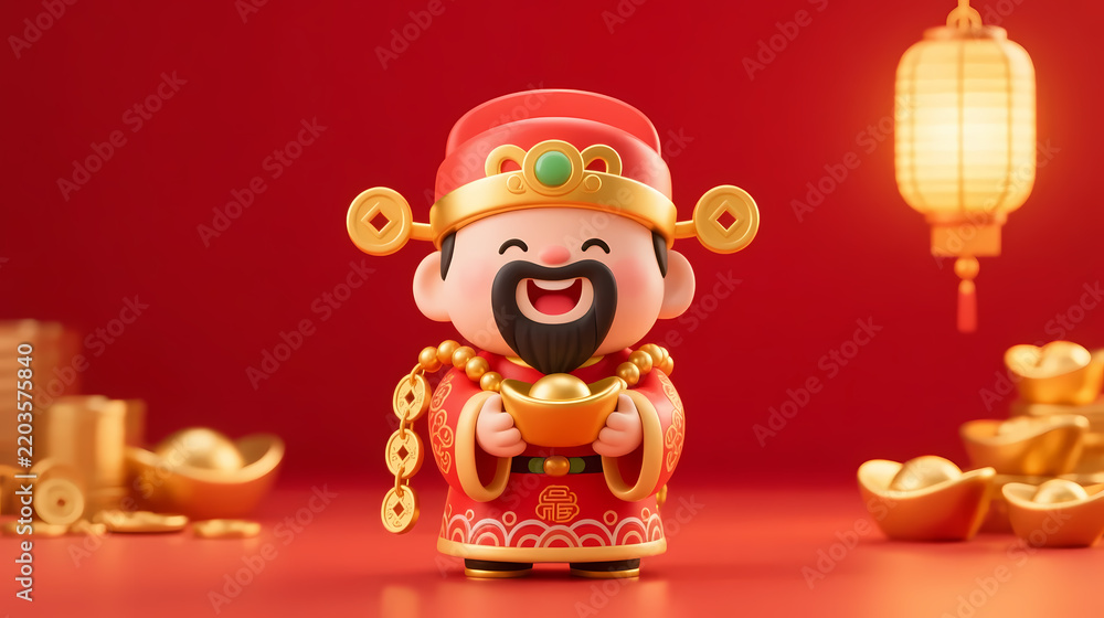 Fototapeta premium Smiling god of wealth holding a gold ingot