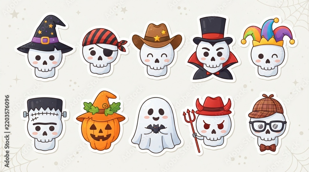 Obraz premium Set of cute cartoon skulls in diverse costumes and hats for halloween with witch hat