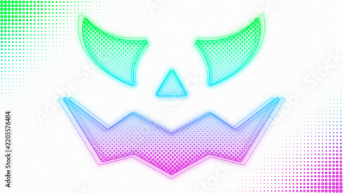 Neon Green-Blue-Purple Ombre Spooky Halloween Smile Outline Futuristic Digital Glow Halftone Illustration