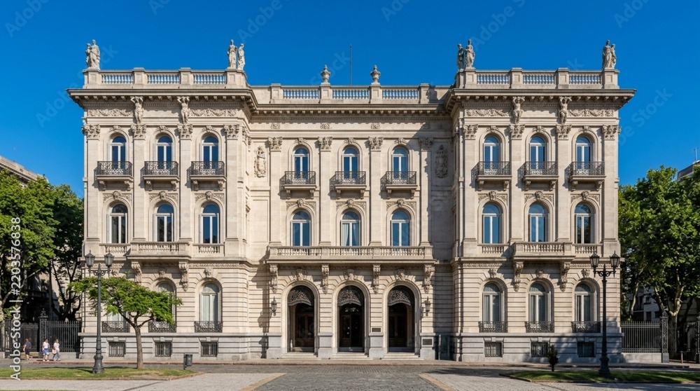 Obraz premium Elegant Historic Building Facade with Ornate Details Under Blue Sky