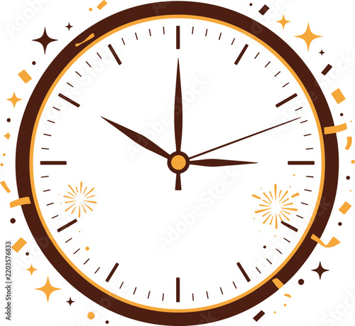 Festive New Year clock vector illustration, midnight countdown timer with gold confetti, celebratory party clock face for holiday events