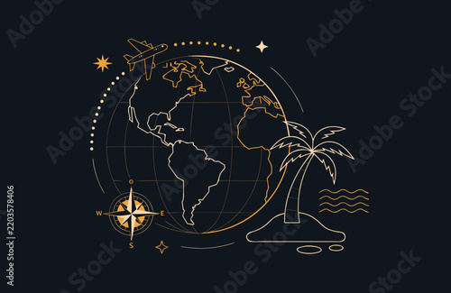 Tropical Island Travel Line Art Vector | Celestial Globe & Palm Tree Line Illustration