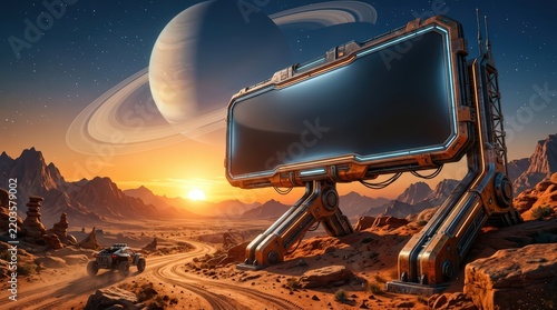 Futuristic Mockup Billboard with Glowing Accents on an Alien Planet Surface, Featuring a Ringed Planet and Space Vehicle