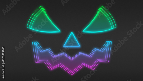 Neon Green-Blue-Purple Ombre Spooky Halloween Smile Outline Futuristic Digital Glow Halftone Illustration