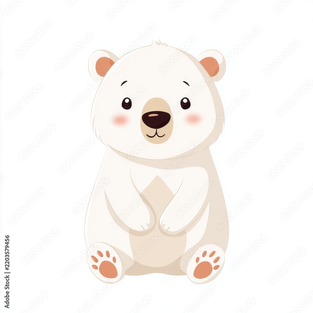 Obraz premium Cute Cartoon Polar Bear Sitting Isolated On White Background With Soft Cheeks And Simple Art Style