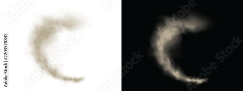 Realistic dust cloud or smoke trail in a circular shape, swirling vortex of sand or debris, dynamic atmospheric effect for motion graphics and visual effects, isolated on transparent background