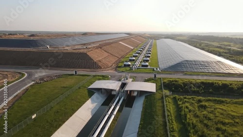 Aerial view of a vast industrial complex, showcasing advanced infrastructure, large covered facilities, and engineered terrain vital for modern operational demands