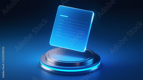 Blue holographic display floating above circular base