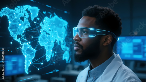 Black man wearing futuristic transparent goggles