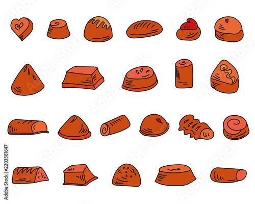 Set of hand-drawn chocolate candies, pralines and truffles, vector illustration sweet doodle collection