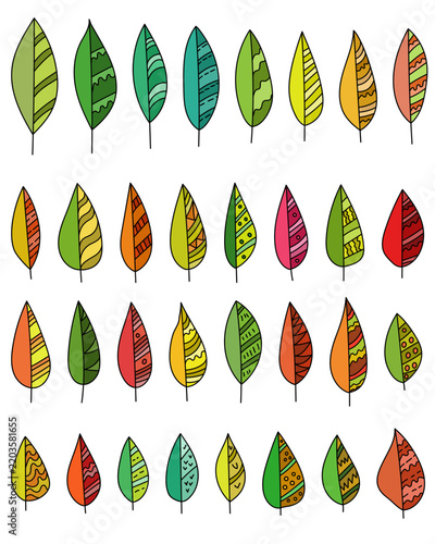 set of hand drawn colorful leaves with decorative tangled patterns, ornamental botanical doodle collection vector illustration