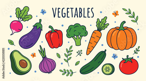 Fresh Farm Vegetables Vector Set: Hand Drawn Radish, Eggplant, Bell Pepper, Broccoli, Carrot, Pumpkin, Avocado, Onion, Cucumber, and Tomato Graphic Elements   