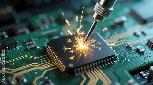 Black ic chip sparking gold on green circuit board