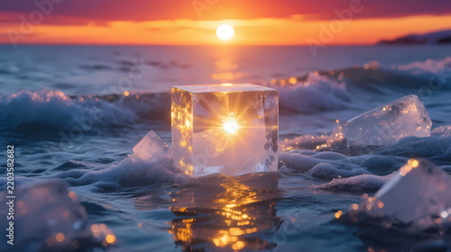 Crystal ice cube reflecting golden light