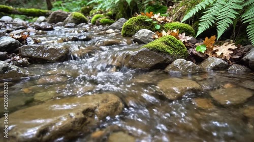Crystal clear water cascades gently over moss-covered rocks in a vibrant, sun-dappled forest, capturing the serene beauty of a peaceful woodland stream