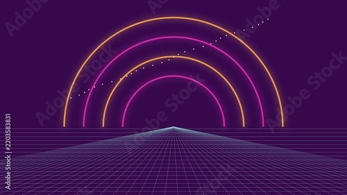 Retro Synthwave Grid Animation With Glowing Neon Arcs and Dynamic Particle Waves in Purple Space