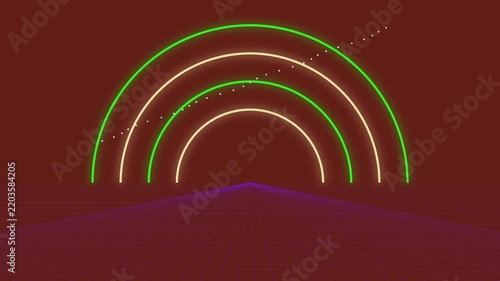 Retrowave Sci-Fi Grid Background With Glowing Neon Arches and Motion Light Dots