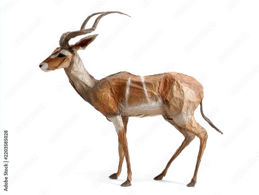 Fototapeta premium Full Body Side Profile Of A Brown Antelope With Spiraled Horns Isolated On A Plain White Background