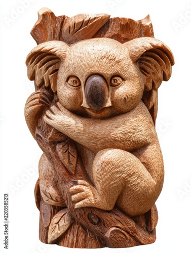 Hand Carved Wooden Koala Sculpture On A Tree Trunk Isolated On White Background