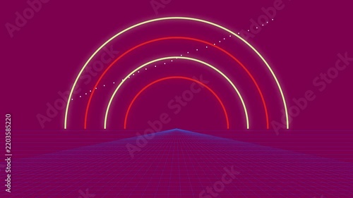 Retro Synthwave Grid Background With Glowing Neon Arcs and Moving Dots for Futuristic Design