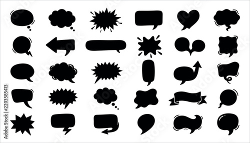 Set of black speech bubbles, comic book dialogue boxes, thought balloons and callout icons on white background