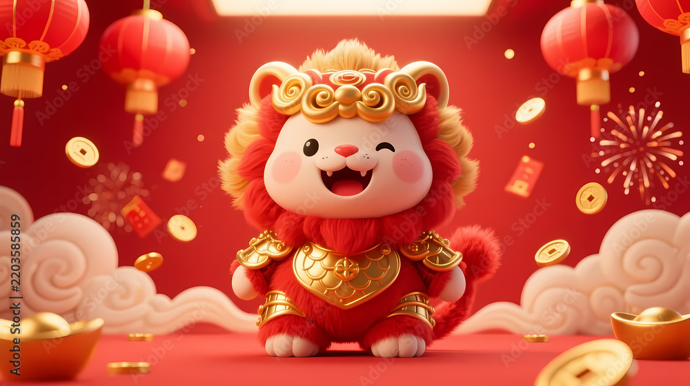Fototapeta premium Cartoon cat in red lion dance costume