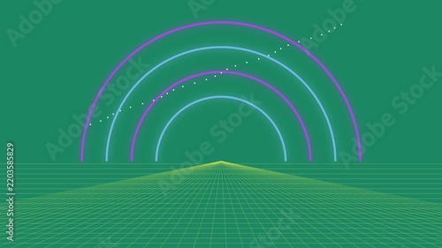 Retrofuturistic Synthwave Grid With Glowing Neon Arcs and Dots in Motion