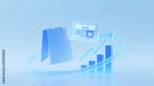 Blue shopping bag with bar chart and upward arrow