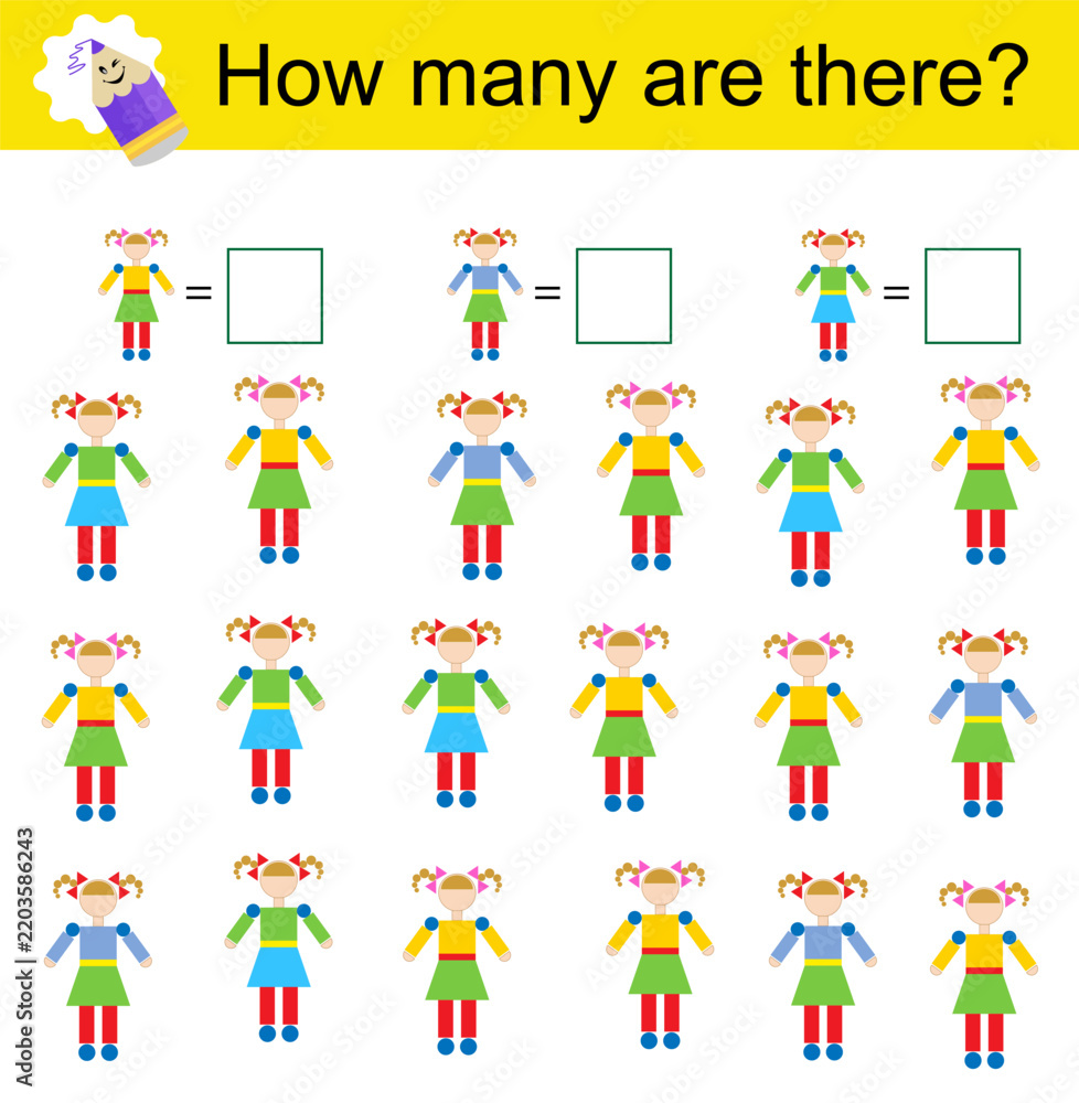 Fototapeta premium Math activity for kids. Developing numeracy skills. Cartoon dolls.