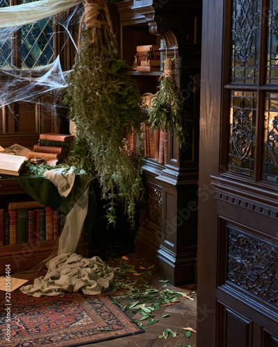 Gothic botanical study filled with hanging dried herbs, antique books and cobwebs, creating a mysterious witchy Halloween interior with vintage atmospheric styling.