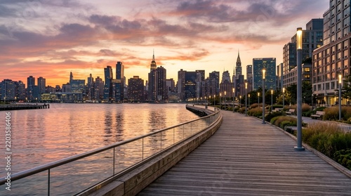 Cityscape waterfront walkway at sunset, New York skyline reflection on river