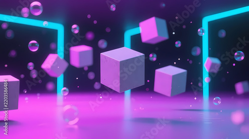 Floating gray-purple cubes and bubbles in neon glow