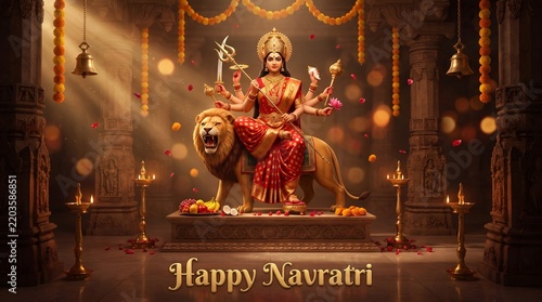 Happy navratri festive celebration image showcasing goddess durga seated on a lion holding traditional weapons with golden temple pillars