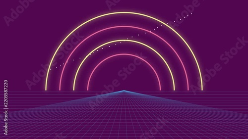 Retro Synthwave Grid Animation With Glowing Neon Arcs and 80s Cyberpunk Aesthetic Background