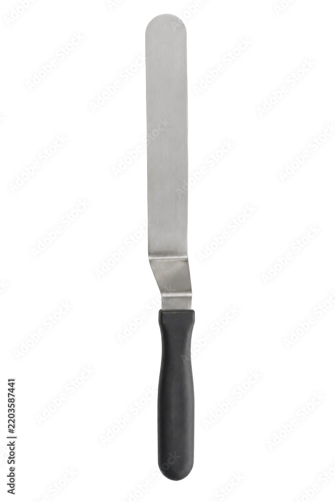 Fototapeta premium Stainless steel offset spatula with a black handle, used for baking and frosting, isolated on a clean white background