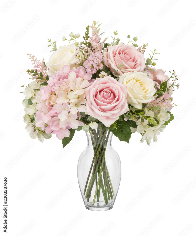 Obraz premium Elegant fresh pink and white roses bouquet in a clear glass vase, beautifully arranged on a clean white background