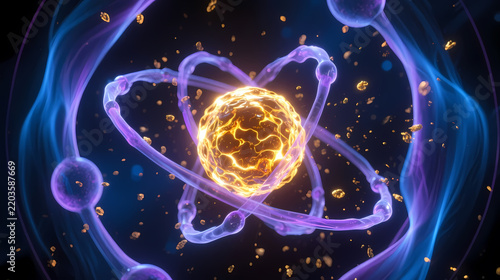Golden atom core with purple energy orbits