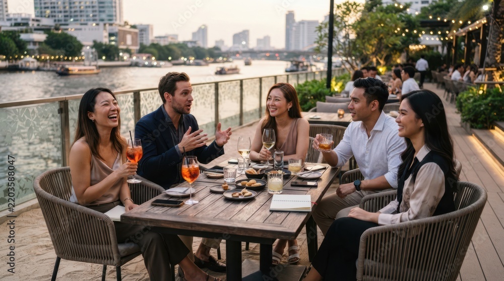 Obraz premium Riverside Dining Bliss: A group of friends enjoys a lively al fresco dinner by the river, laughter filling the air as they share stories and drinks under the warm evening sky.