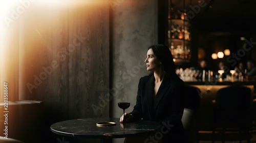 Woman sitting alone in a moody bar photo with golden light leak and dark aesthetic
