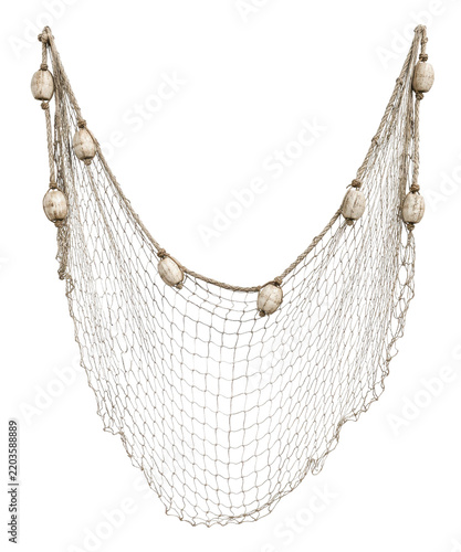 Old weathered fishing net with white floats, made of natural rope, hangs gracefully against a clean white background