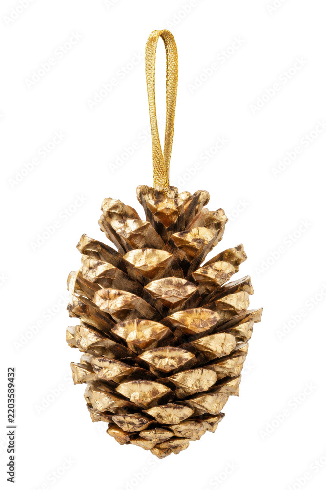Obraz premium Shiny golden pine cone Christmas ornament with a delicate gold ribbon loop is elegantly displayed against a clean white background
