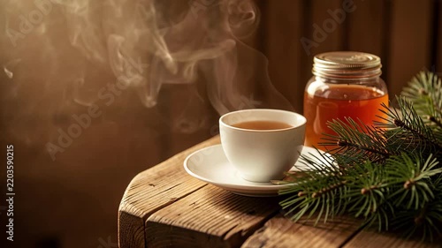 Steaming Tea Cup with Honey on Rustic Wood.
