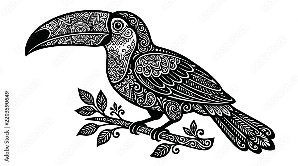 Obraz premium Toucan illustration features intricate floral and geometric patterns on a white background