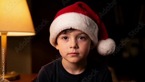 Young Boy in Santa Hat Indoors Portrait.