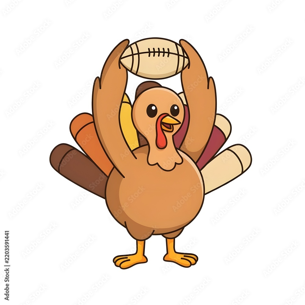 Obraz premium Funny Turkey Sports Character with Football Thanksgiving Vector Illustration