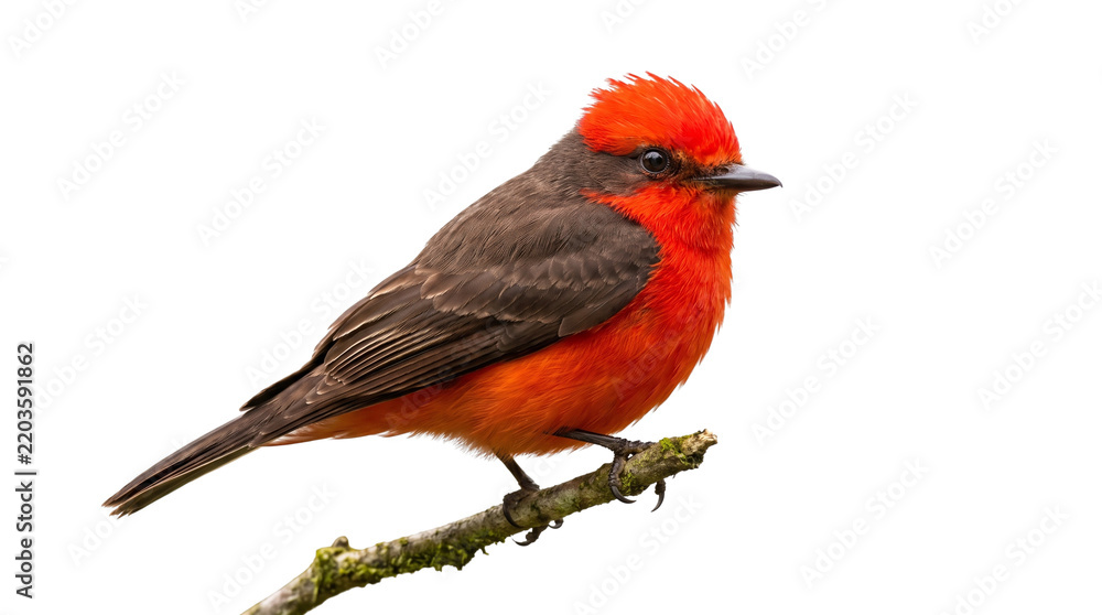 Fototapeta premium Vermilion flycatcher perched on a branch, vibrant red songbird isolated on white background, colorful tropical bird photography for nature design