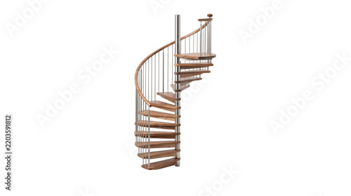 Modern spiral staircase with wooden steps and metal railing, elegant curved wood stairs on white background, contemporary interior architectural design element