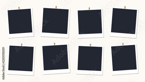 Creative Eight Photo Frame Collage with Hanging Polaroid Pictures and Clips for Scrapbook Album Memory Wall Display