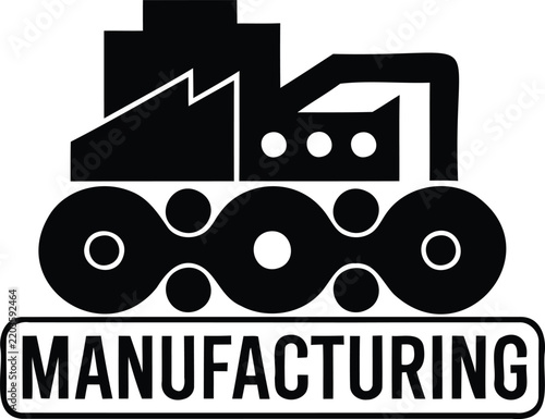 Manufacturing industry factory icon with abstract industrial building silhouette and bold text